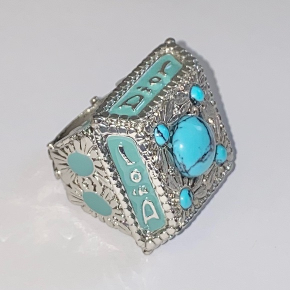VTG Christian Dior Silver Metal Turquoise Gemstone Logo Nameplate Princess Ring - Picture 8 of 15